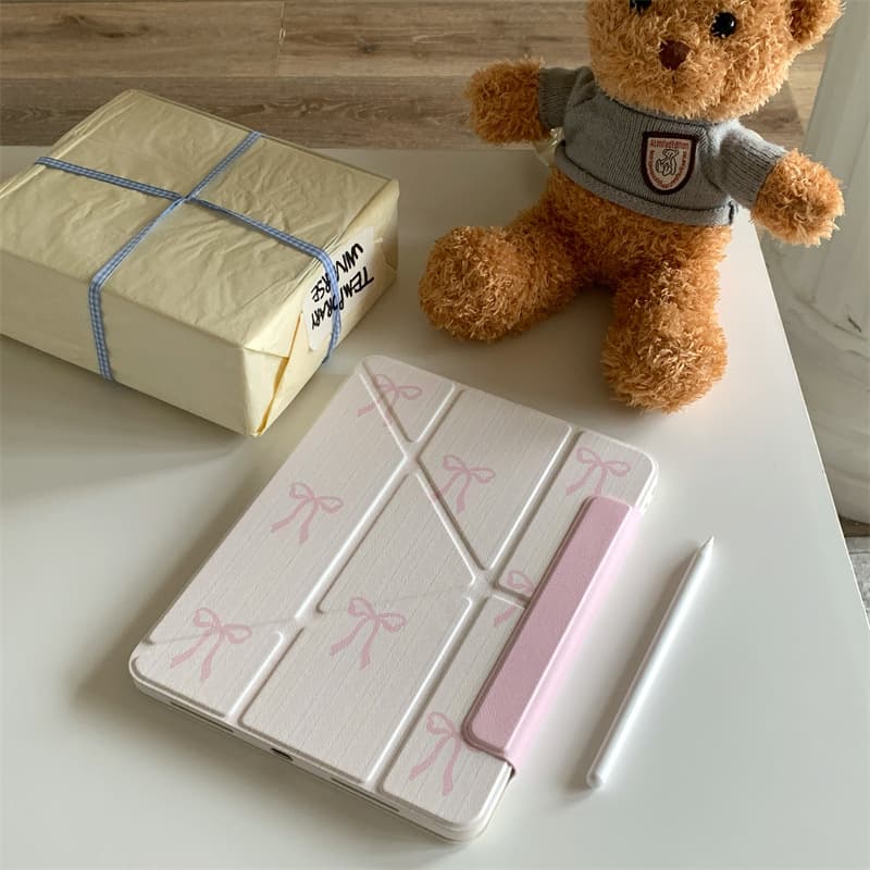 ipadカバー リボン柄可愛いペンホルダー付き磁気吸着アイパッドカバー