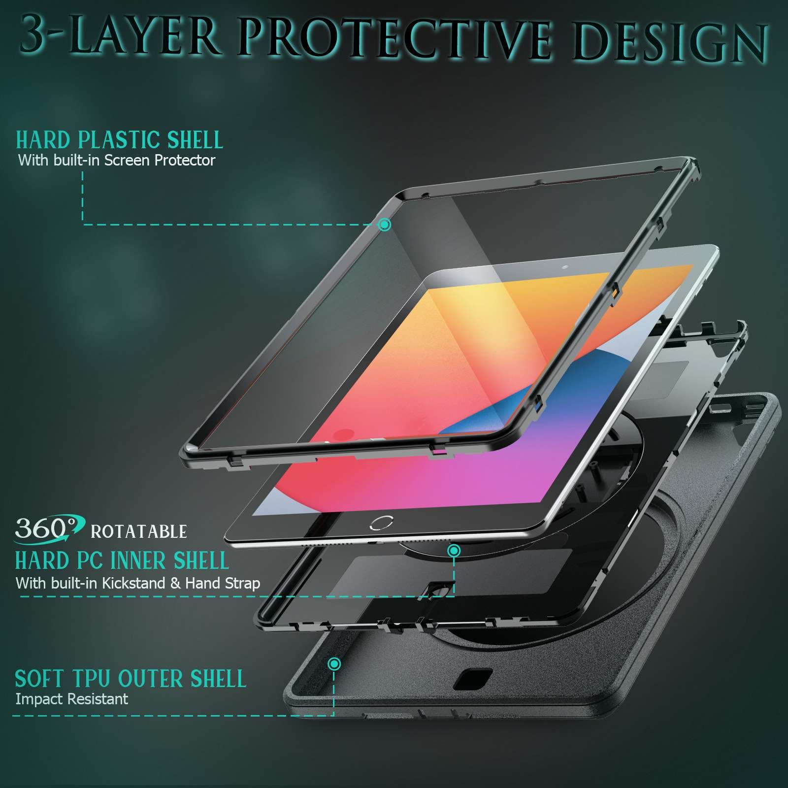 iPadケース　頑丈な多機能スタンド付きiPad保護ケース