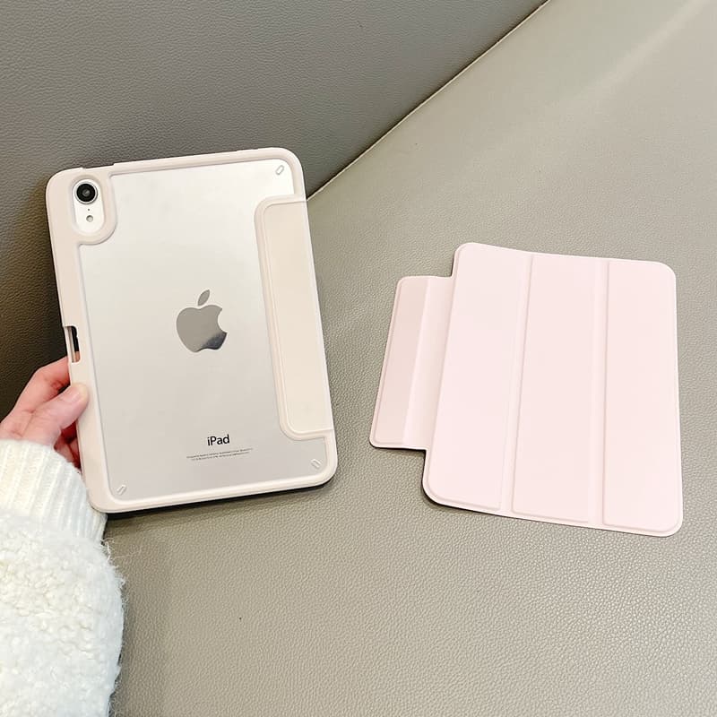 ipadカバー 三つ折りスタンド機能付き透明背面保護カバー