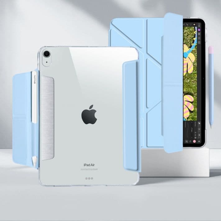 ipadカバー アイパッド磁石式透明背面ペンシル収納付きスタンド保護カバー