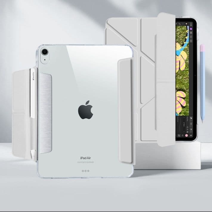 ipadカバー アイパッド磁石式透明背面ペンシル収納付きスタンド保護カバー