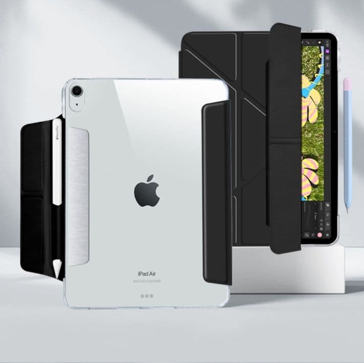 ipadカバー アイパッド磁石式透明背面ペンシル収納付きスタンド保護カバー