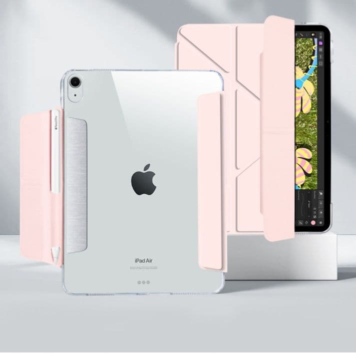 ipadカバー アイパッド磁石式透明背面ペンシル収納付きスタンド保護カバー