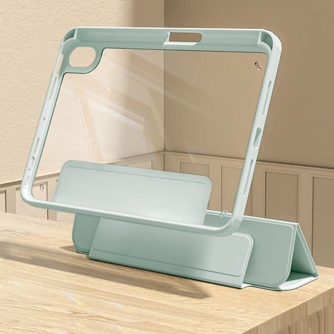 ipadカバー 透明背面三つ折りタブレットケース マグネット式保護カバー