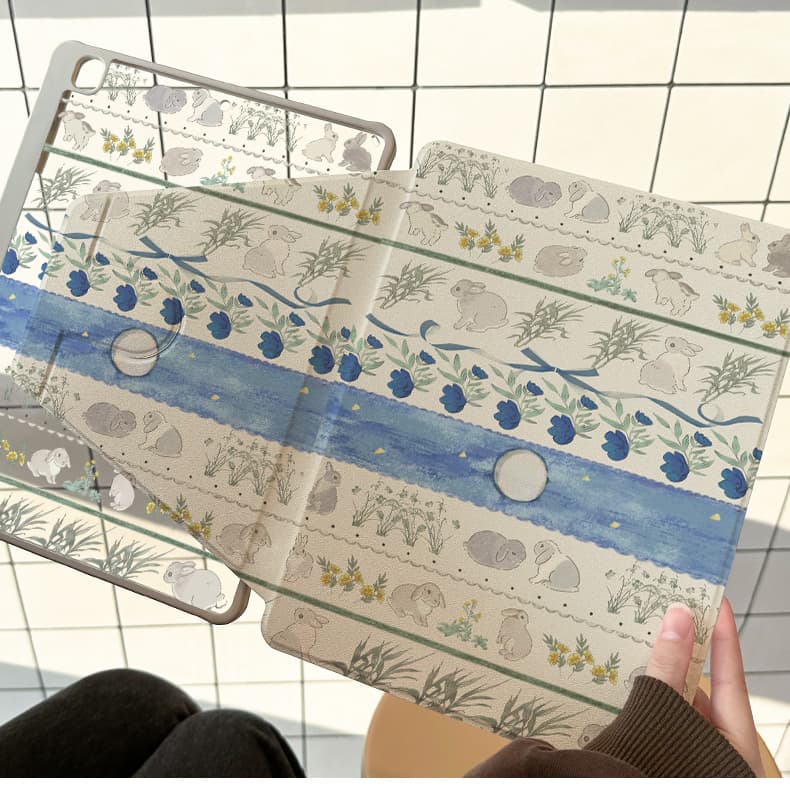 ipadカバー 猫と植物の庭園柄手帳型カバー