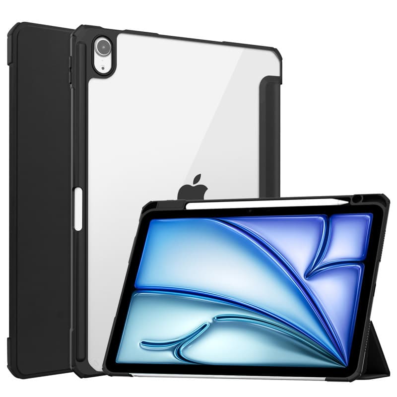ipadカバー 透明背面設計三つ折りスタンド機能付きタブレット保護ケース