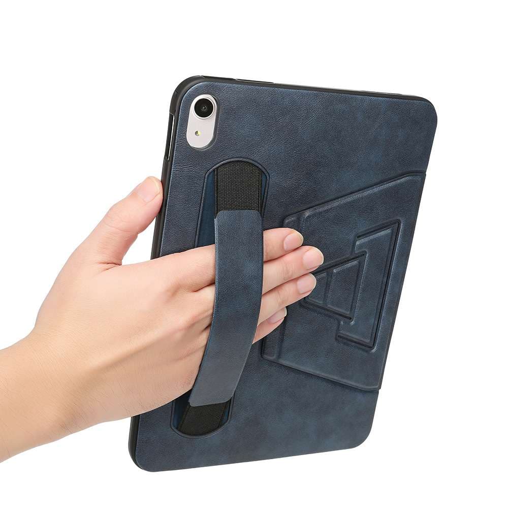 iPadケース 高品位 革調 スタンド付き 縦横持ち手つきカバー